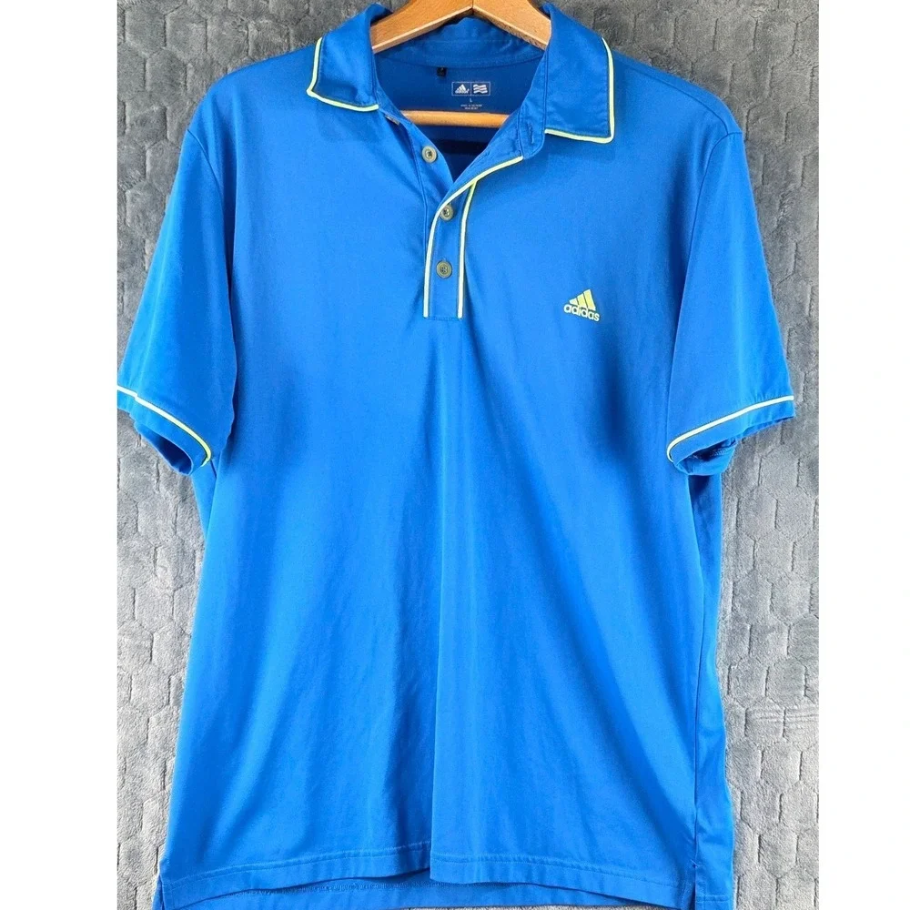 Adidas Golf Mens Blue Polo Shirt Large Short Sleeve Performance Lime‎ Trim